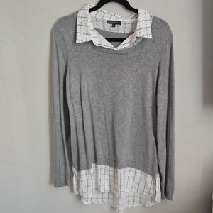 Adrianna Papell Gray Sweater with White Checkered Collar